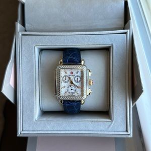 Michele Deco Blue and Gold Women's Watch with Diamond Bezel